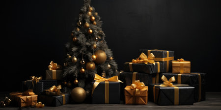 Beautiful Christmas tree and gift boxes on wooden table against black backgroundの素材