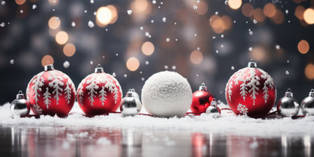 Christmas baubles on snow with bokeh background,の素材