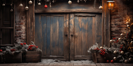 Old wooden door with christmas decoration. Vintage style.の素材