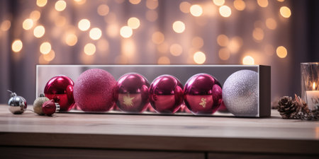 Christmas baubles on a wooden table with bokeh backgroundの素材