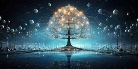 Artificial intelligence concept with tree made of spheres floating on water surfaceの素材