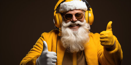 Portrait of happy Santa Claus listening to music with headphones and showing thumbs upの素材