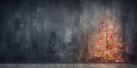 Digital composite of Christmas tree with lights and copy space on grey wallの素材