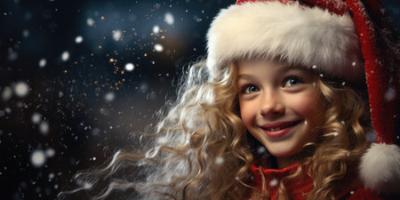 Portrait of a beautiful little girl in Santa Claus hat. Christmas.の素材