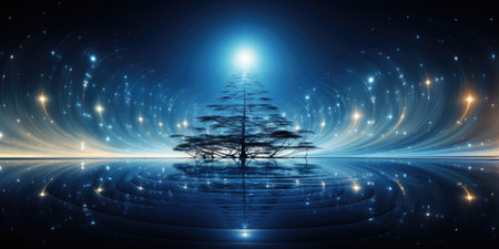 Abstract tree with rays of light and blue lights. Vector illustration.の素材