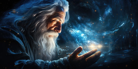 Close-up image of old man blowing on his hand against space backgroundの素材