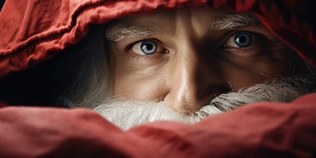 Close-up portrait of an old man with a long white beard in a red jacket.の素材
