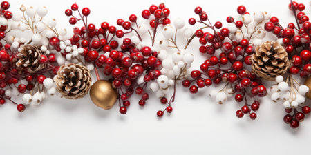 Christmas decoration with pine cones, berries and red berries on white backgroundの素材