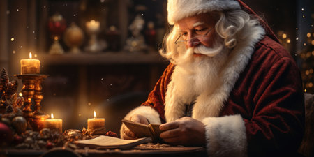 Santa Claus reading a book at home. Christmas and New Year concept.の素材