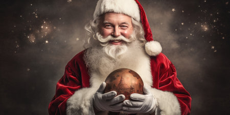 santa claus holding a globe and looking at camera on dark backgroundの素材