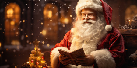 Portrait of Santa Claus reading a book in the Christmas interior.の素材