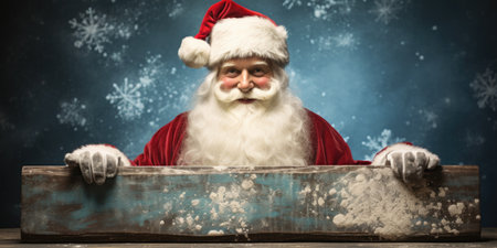 Santa Claus with a wooden box full of snow on a blue backgroundの素材