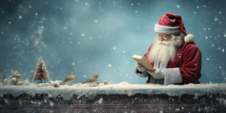 Santa Claus sitting on the roof and reading a book. Christmas background.の素材