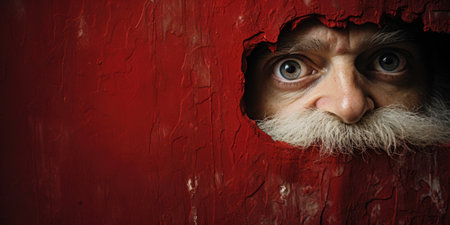 Portrait of an old man with long white beard and mustache looking through hole in red wallの素材