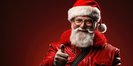 Portrait of santa claus showing thumbs up against red backgroundの素材
