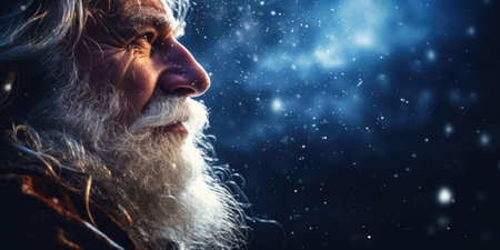 Close-up portrait of an old man with long white beard and mustache on dark background with snowflakesの素材