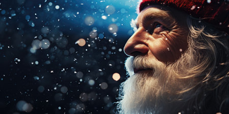 Portrait of Santa Claus with snow on his face against blue backgroundの素材