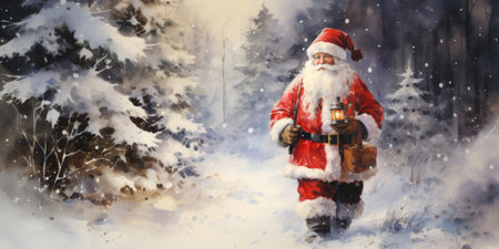 Digital painting of Santa Claus walking in the forest. Christmas card.の素材