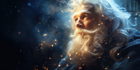 Portrait of an old man with long wavy hair and beard on dark backgroundの素材