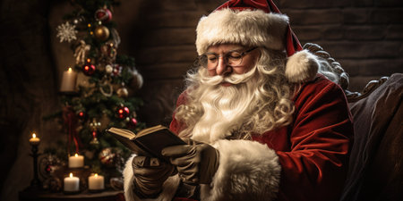 Santa Claus reading a book at home. Christmas and New Year concept.の素材