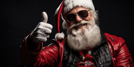 Portrait of Santa Claus in sunglasses and a red jacket on a black background.の素材