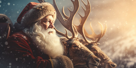 Santa Claus with reindeer and snowfall. Christmas background.の素材