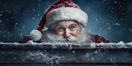 Santa Claus in a wooden box on a dark background with snowfallの素材
