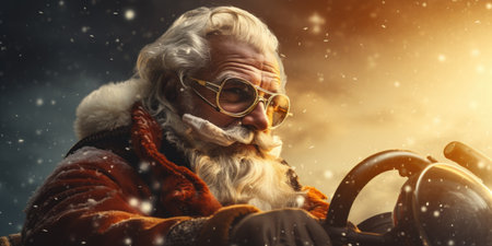 Portrait of a senior man with a steering wheel and glasses.の素材