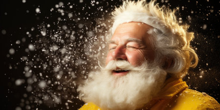 Close-up portrait of Santa Claus blowing snow on his face. Christmas concept.の素材