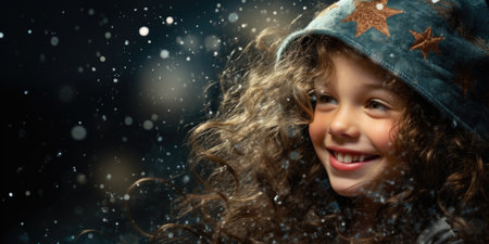 Beautiful little girl with long curly hair and blue winter cap.の素材