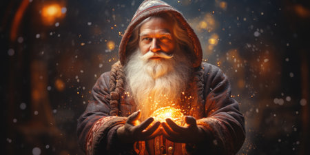 Portrait of an old man with a magic fire in his handsの素材