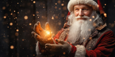 Portrait of Santa Claus holding magic light in his hands. Christmas and New Year concept.の素材