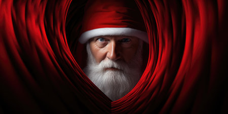Portrait of Santa Claus looking through red curtain. Christmas concept.の素材