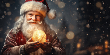 santa claus holding golden christmas ball in hand on snowy backgroundの素材