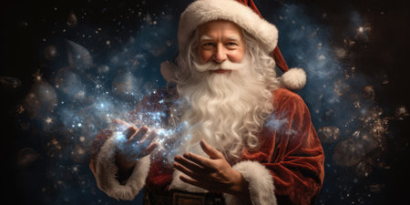 Santa Claus blowing magic stars and looking at camera on a dark backgroundの素材