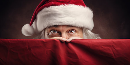 Santa Claus hiding behind a red sheet of paper. Christmas and New Year concept.の素材