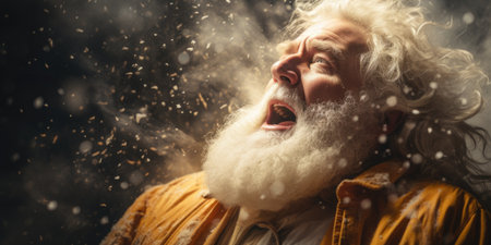 Portrait of an old man with long white beard and mustache in a orange jacket. He is shouting.の素材