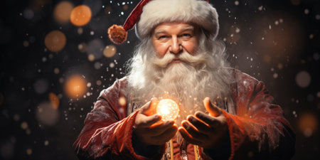 Portrait of santa claus holding christmas ball over dark backgroundの素材