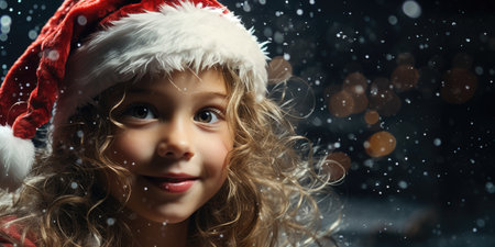 Portrait of a beautiful little girl in Santa Claus hat over dark background.の素材