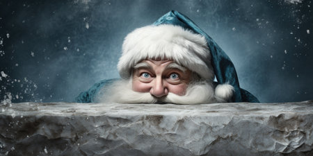 Santa Claus looking through hole in stone wall with snow falling on himの素材