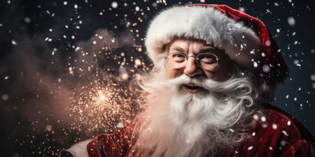 Portrait of Santa Claus looking at camera and smiling while standing against black backgroundの素材