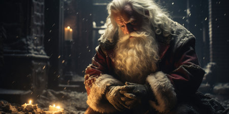 Santa Claus sitting on the grave and looking at the candle in the cemetery.の素材