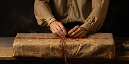 A man is wrapping a gift on a dark background. Close-up.の素材