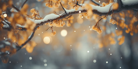 Blossoming branch of a tree in the snow. Beautiful winter backgroundの素材