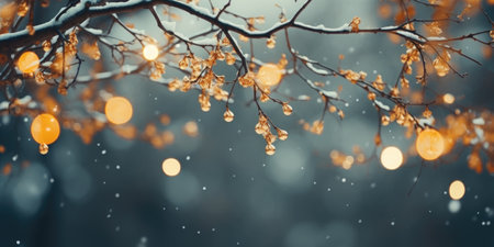 Winter background with falling snow and bokeh lights. Beautiful winter backgroundの素材