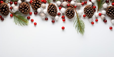Christmas background with fir branches, cones, cranberries and snow on whiteの素材