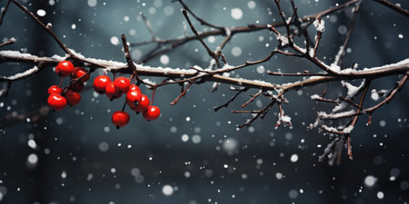 Red rowan berries on a branch in the snow. Winter backgroundの素材