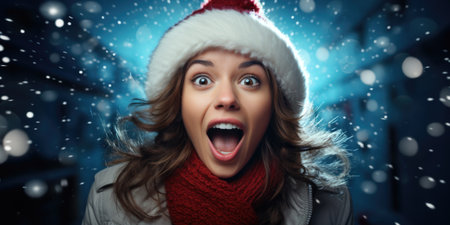 Portrait of a surprised young woman in santa hat over snowy backgroundの素材