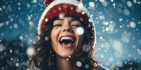 Beautiful young woman in red hat and scarf enjoying snowfall outdoorsの素材