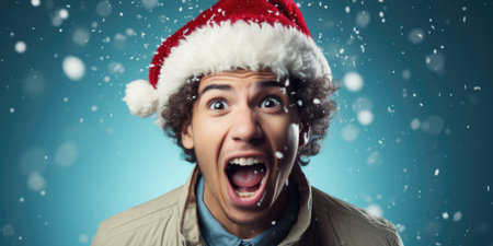 Surprised young man in santa hat on blue background.の素材